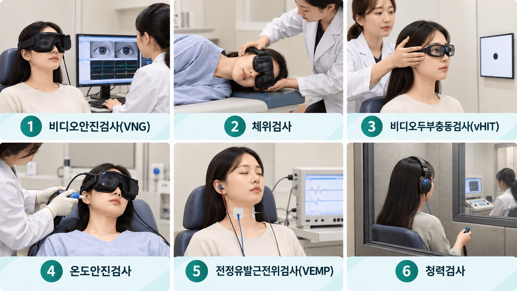 비디오안진검사, 체위검사, 두부충동검사, 온도안진검사, VEMP와 청력검사