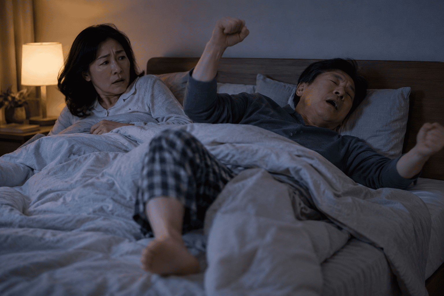 잠결에 주먹을 휘두르는 남성과 옆에서 놀란 여성