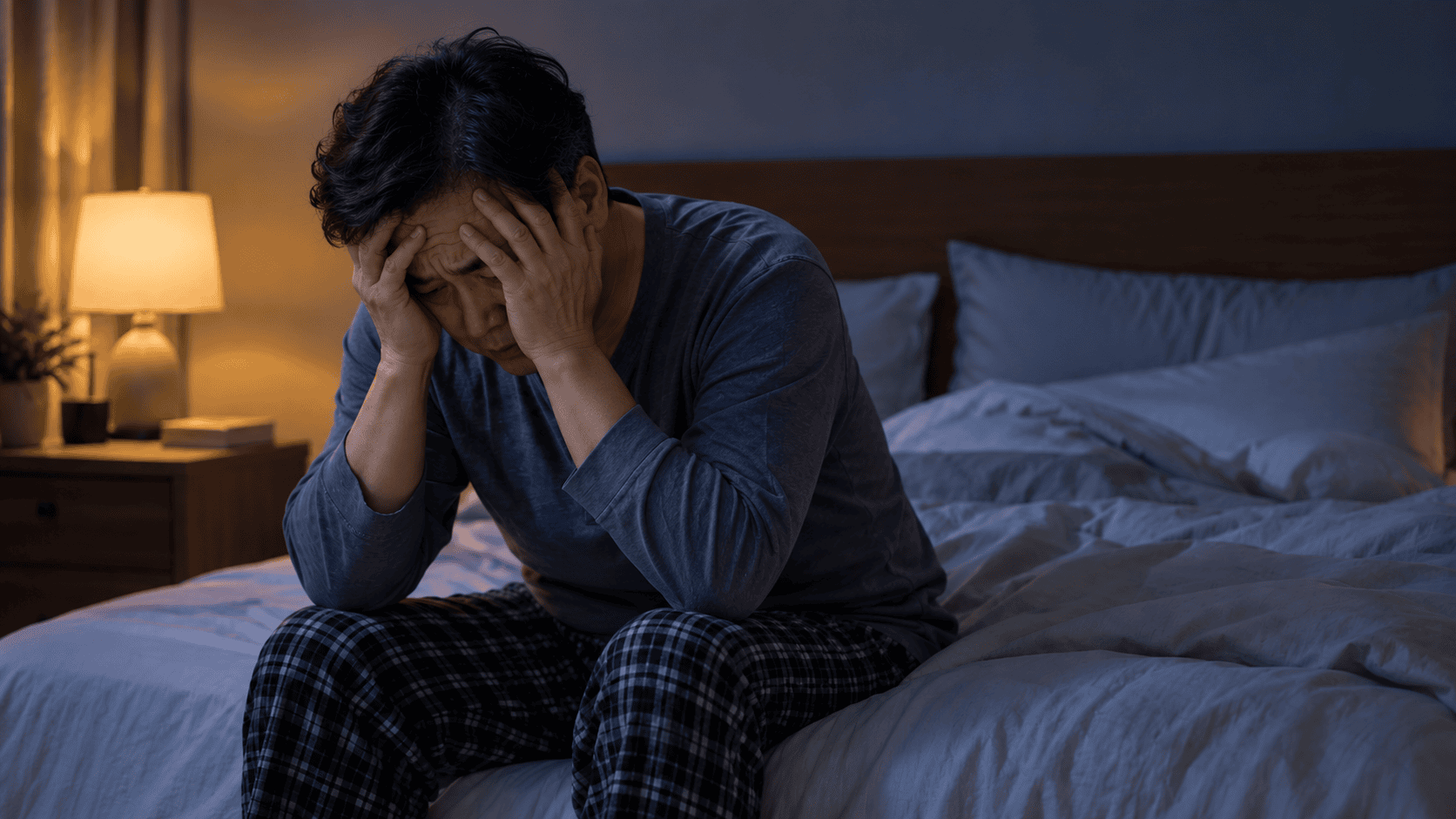 침대에 앉아 머리를 감싸 쥔 중년 남성