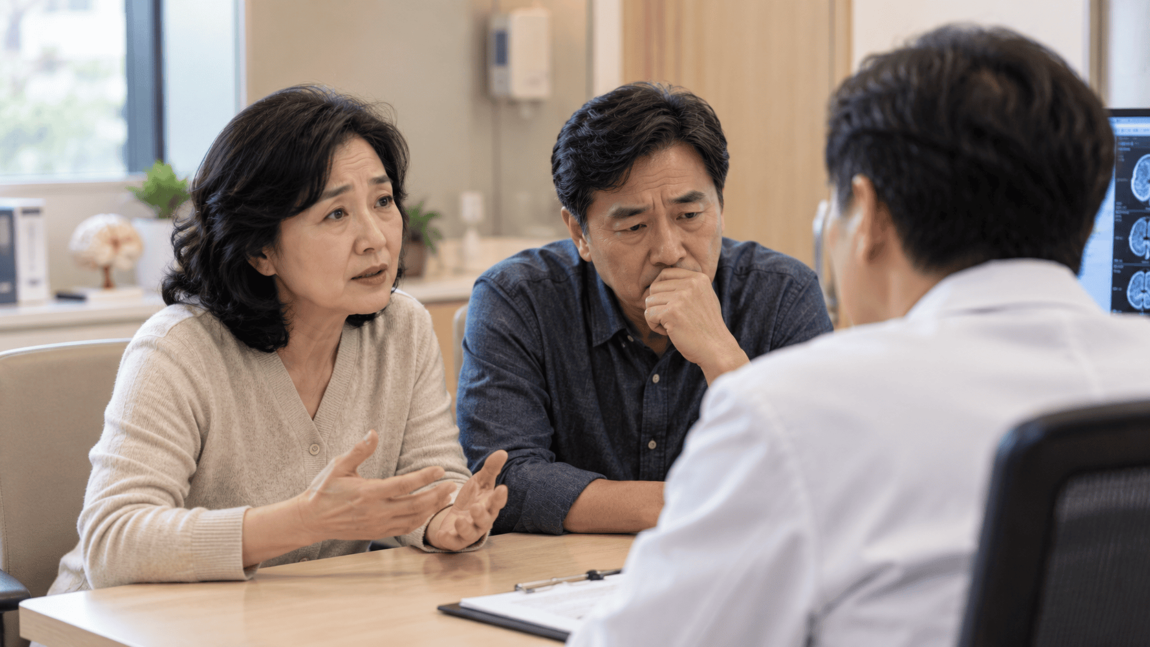 중년 부부가 의사에게 걱정스러운 표정으로 증상을 설명한다.