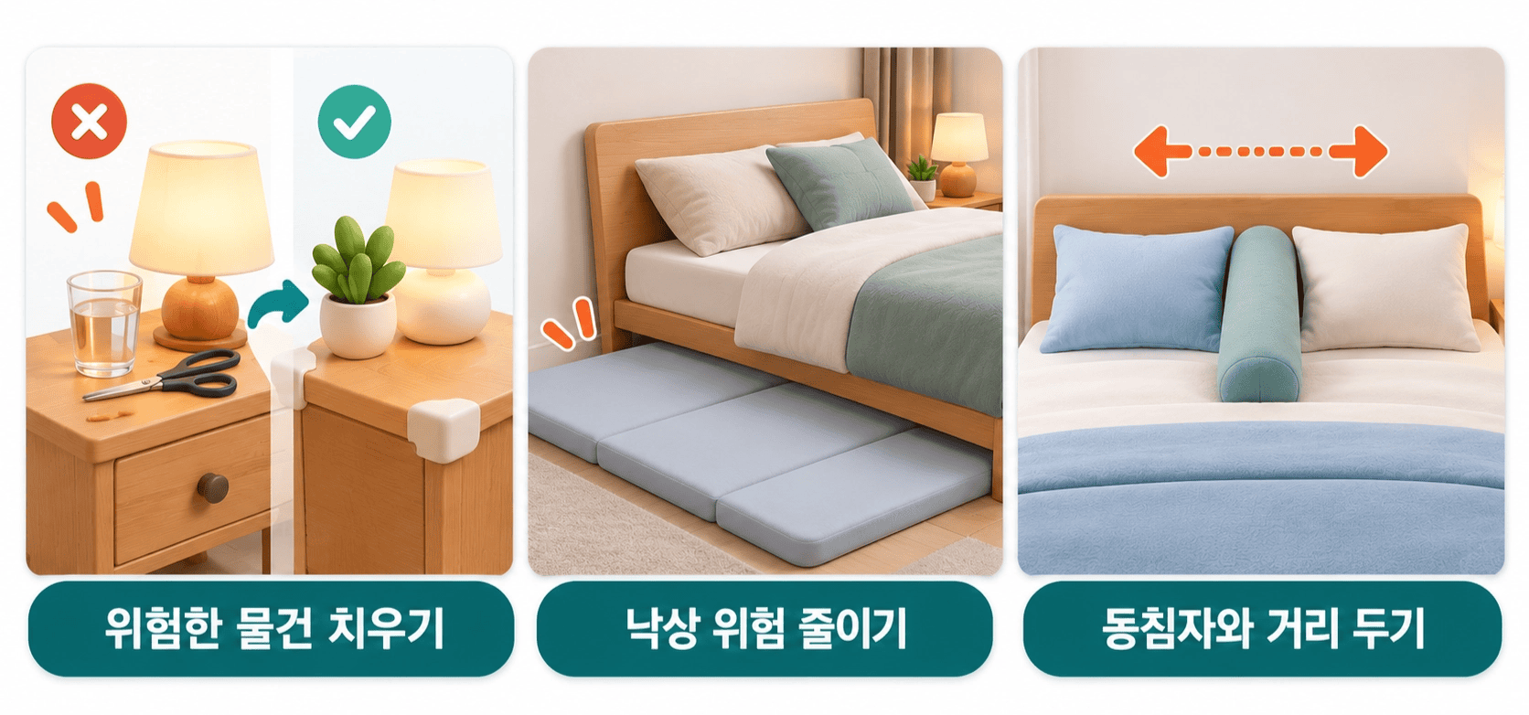 위험 물건 정리와 낙상 방지, 동침자 보호 수칙