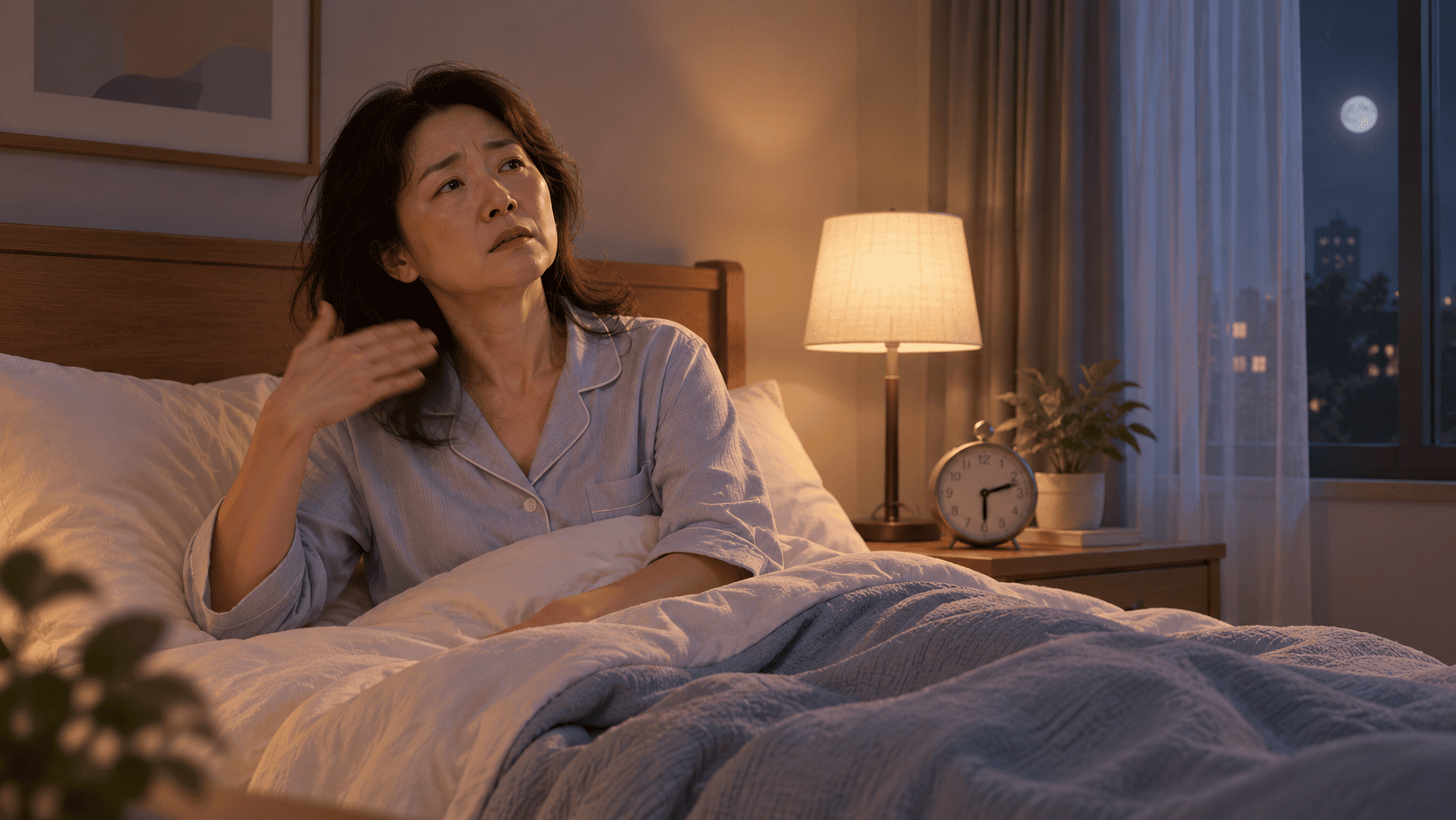 밤에 침대에서 열감으로 괴로워하며 손으로 부채질하는 갱년기 여성