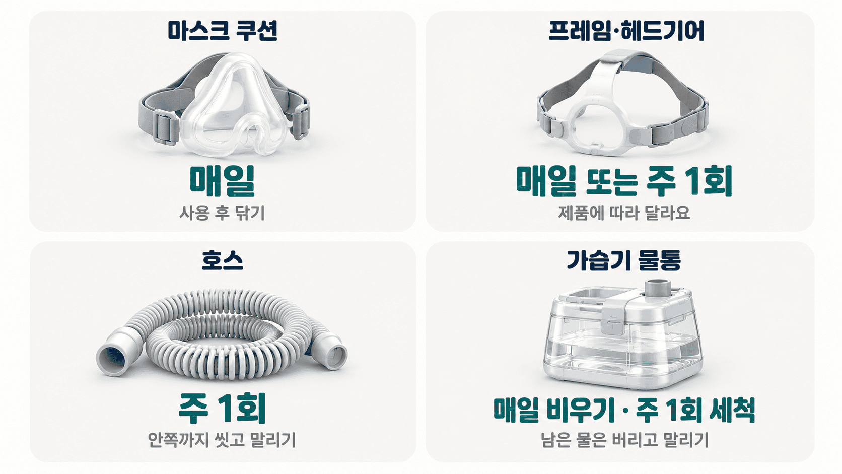 양압기 마스크 쿠션, 프레임, 호스, 가습기 물통의 세척 주기와 방법.