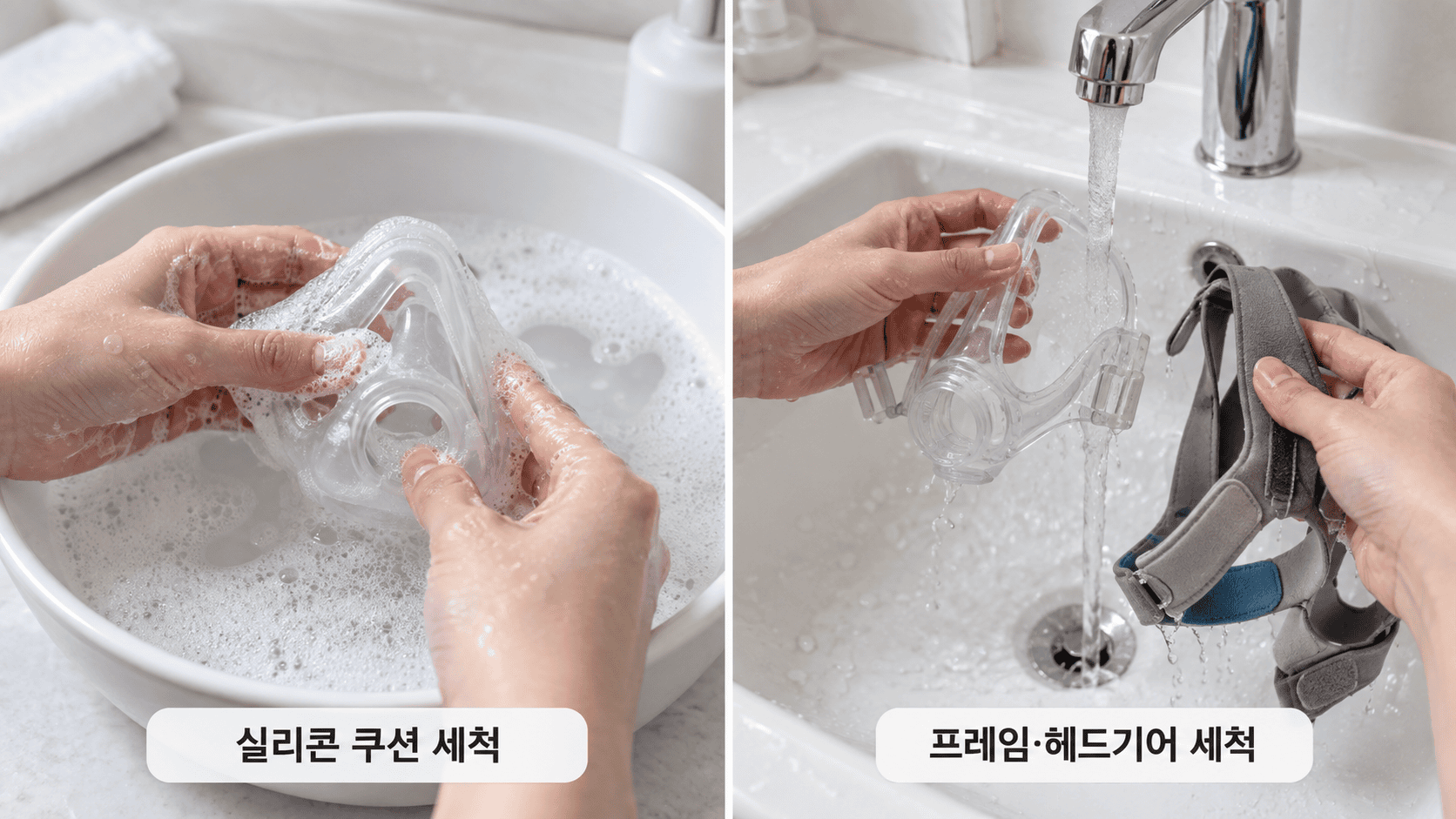 실리콘 쿠션을 비눗물에 세척하고 프레임과 헤드기어를 흐르는 물에 헹군다.
