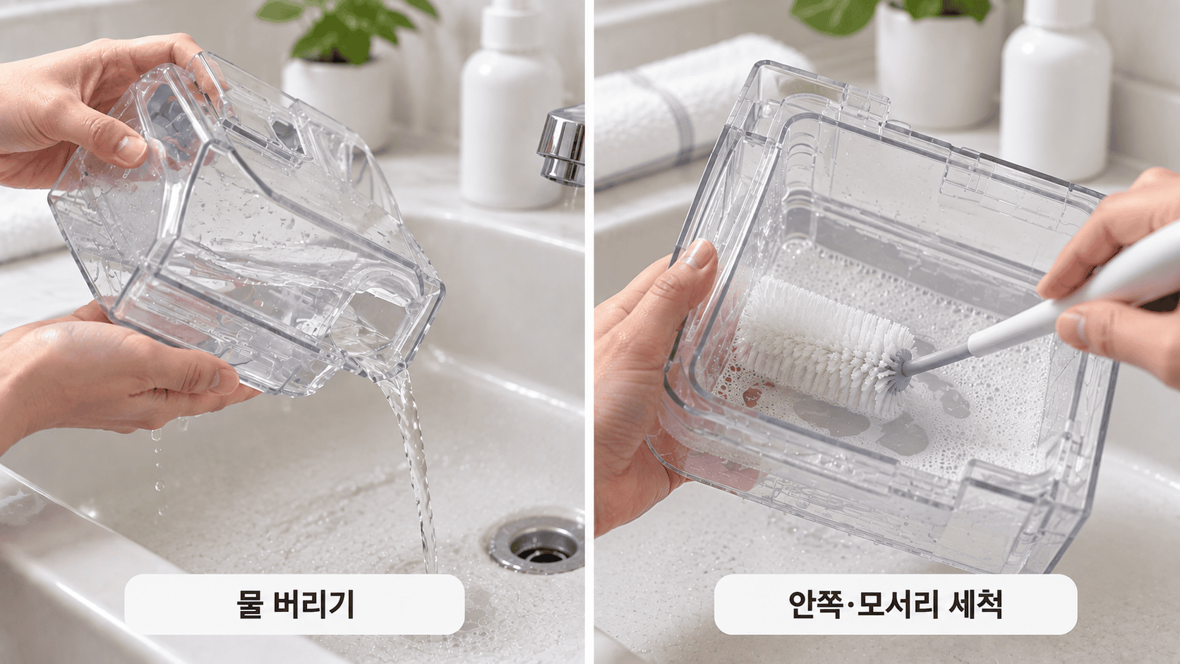 손으로 가습기 물통 속 물을 비우고 브러시로 안쪽을 세척 중