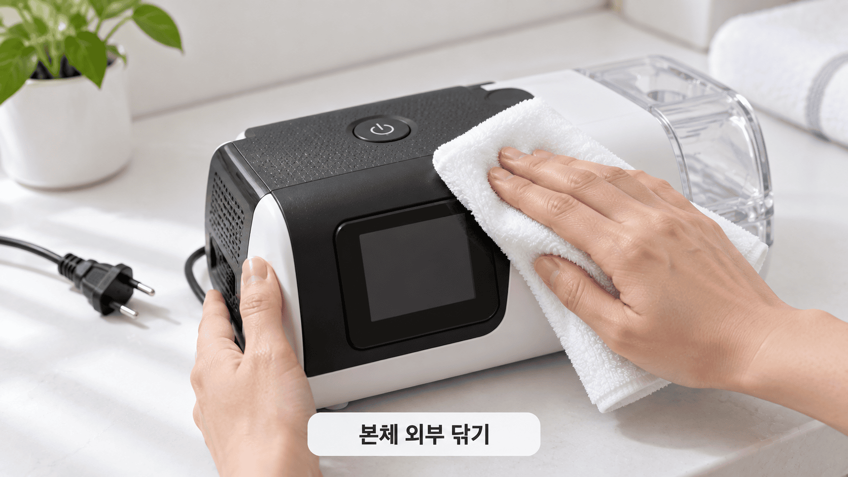 흰 천으로 양압기 본체를 닦는 손.
