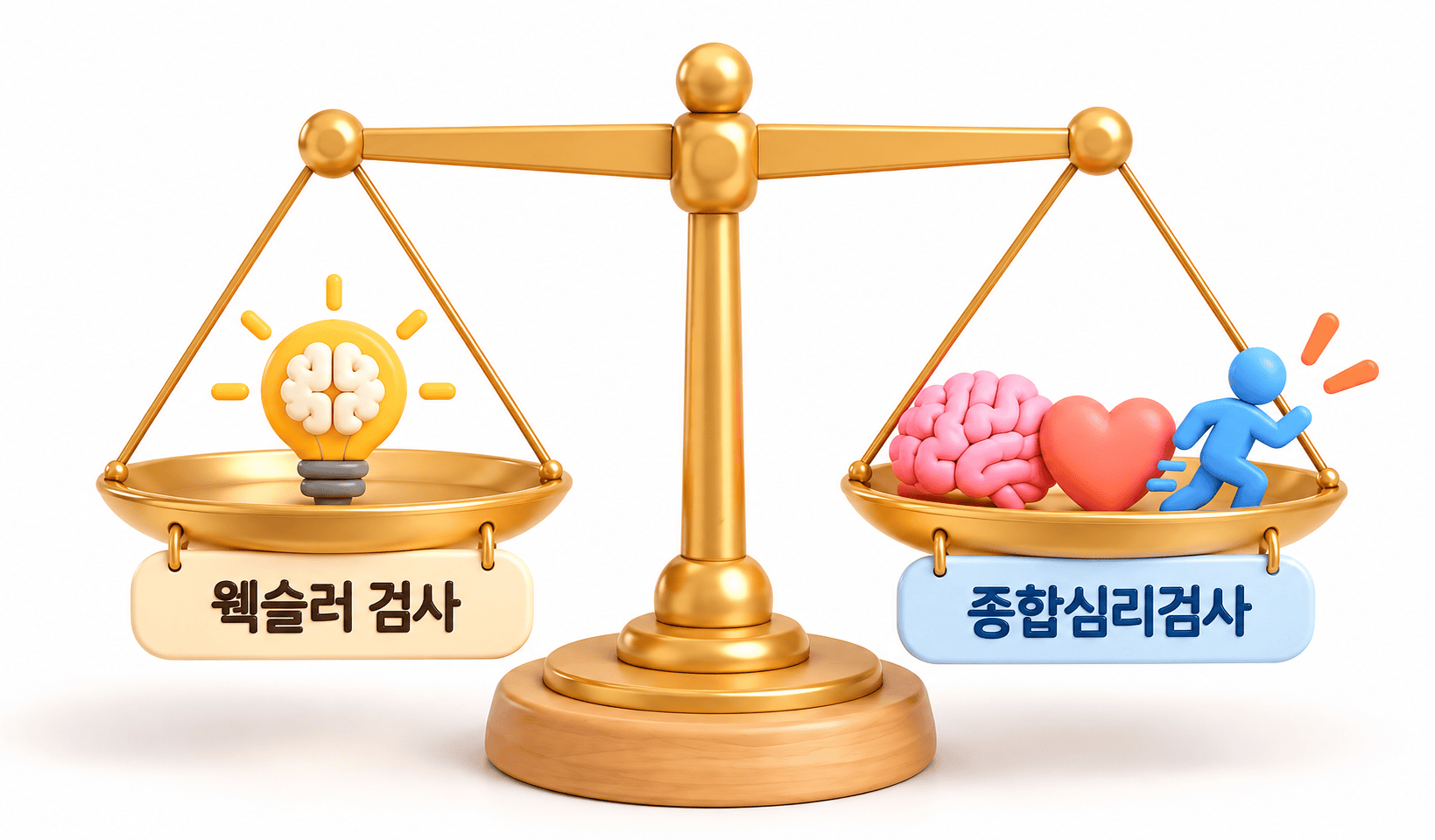 웩슬러 검사 전구와 종합심리검사 뇌, 심장, 사람이 담긴 양팔 저울이 균형을 이룸.