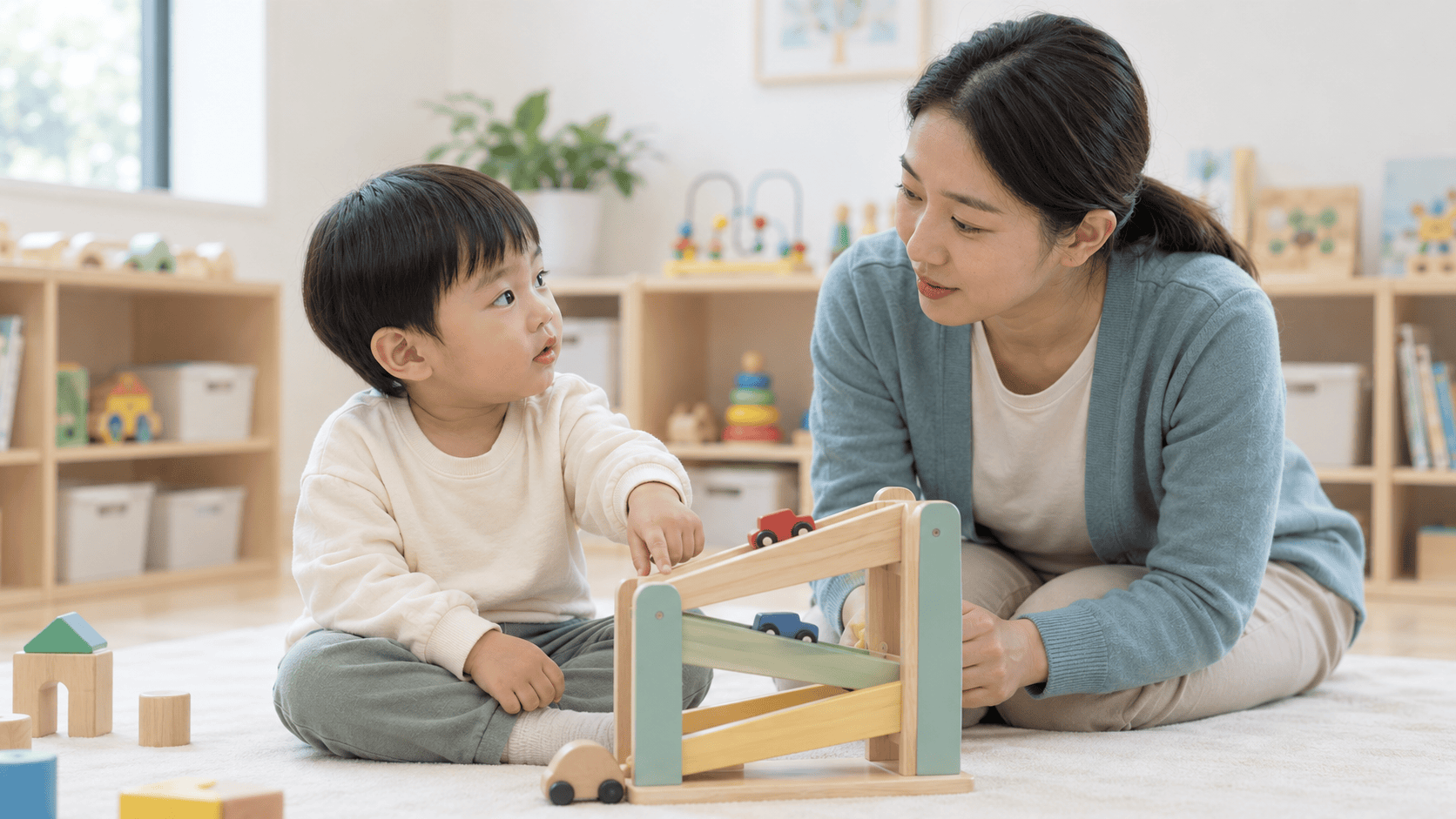 아이와 여성이 나무 자동차 미끄럼틀 장난감으로 함께 놀며 교감한다.