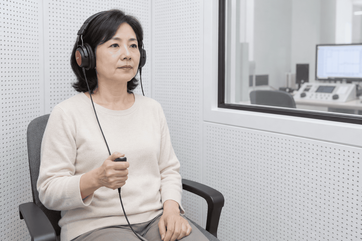 중년 여성이 헤드폰을 착용하고 청력 검사 부스에 앉아 반응 버튼을 쥐고 있다.