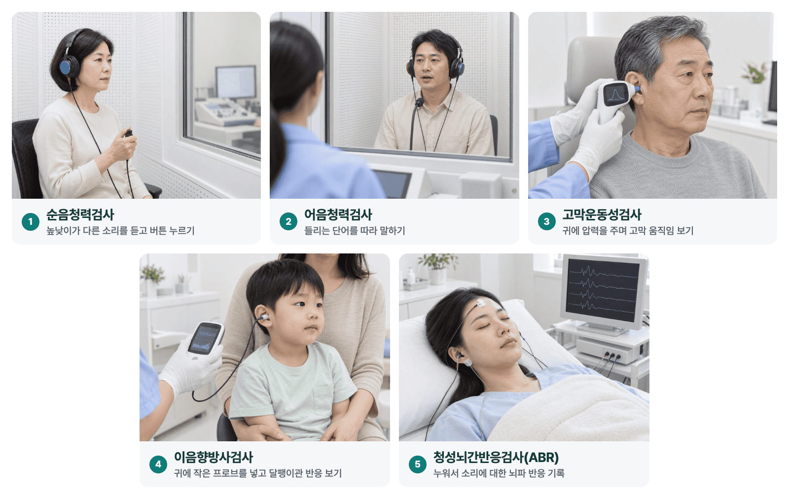 다양한 연령의 사람들이 5가지 청력검사를 받고 있다.