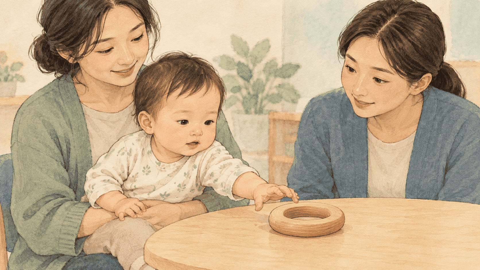영유아의 손 움직임과 반응을 살피는 평가자