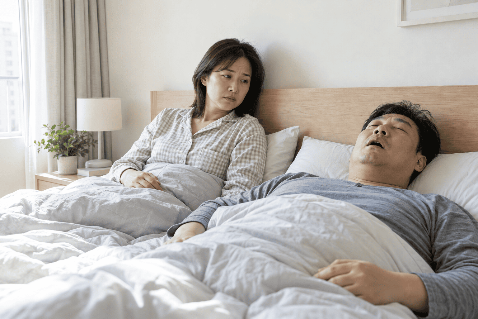 코를 골며 자는 남성과 옆에서 잠을 깬 가족