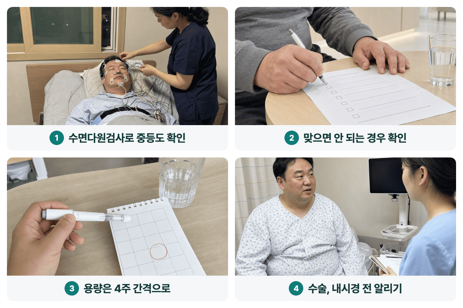 수면다원검사, 금기 확인, 4주 간격 증량과 수술 전 투여 사실 고지를 안내하는 네 장면