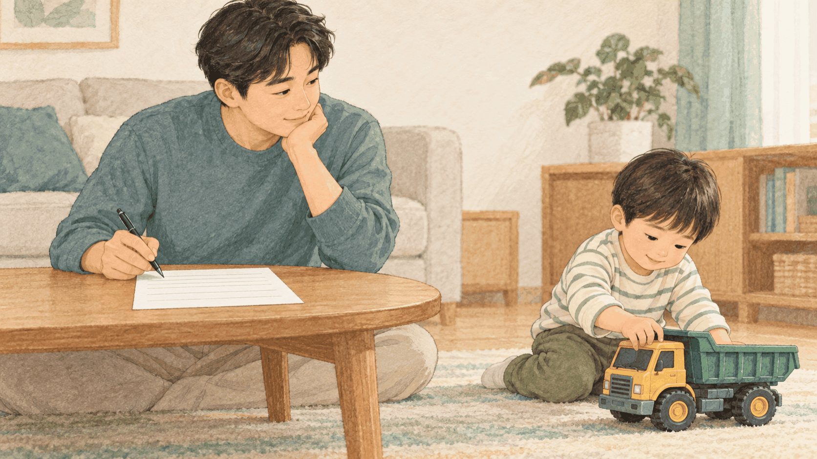 아이의 생활 모습을 떠올리며 질문지를 쓰는 보호자